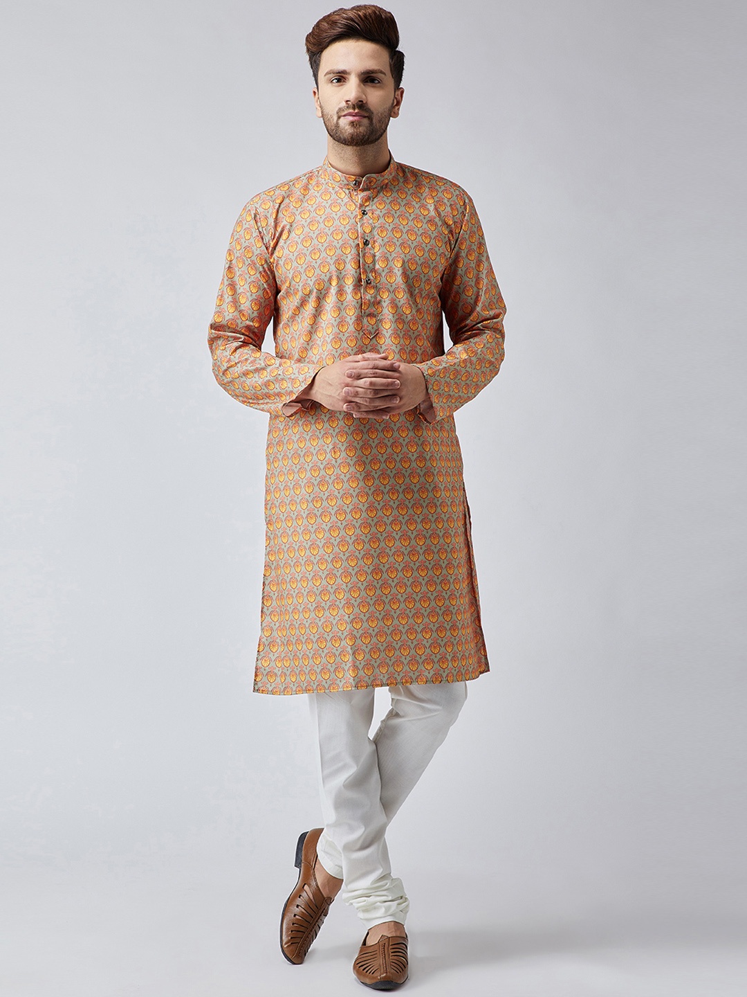 

SOJANYA Men Orange & Grey Printed Straight Kurta