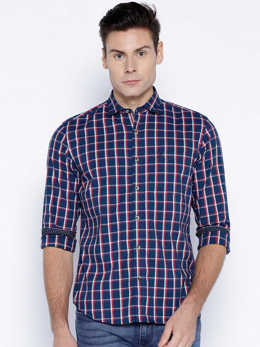 

John Players Men Navy Blue & Red Trim Fit Checked Casual Shirt