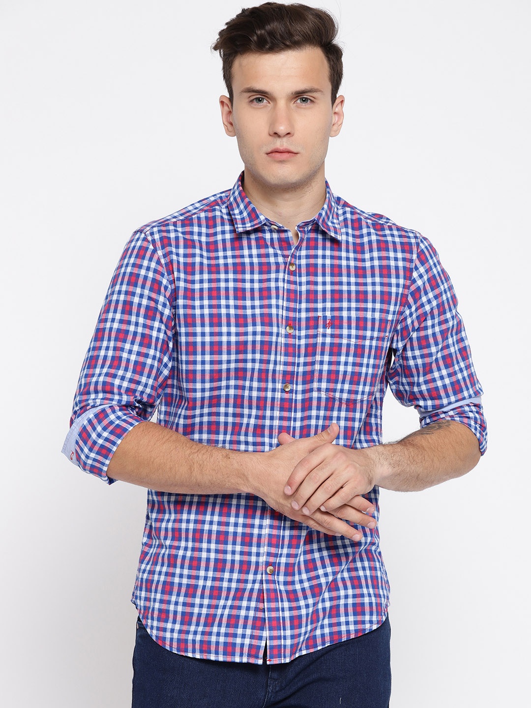 

John Players Men White & Blue Regular Fit Checked Casual Shirt