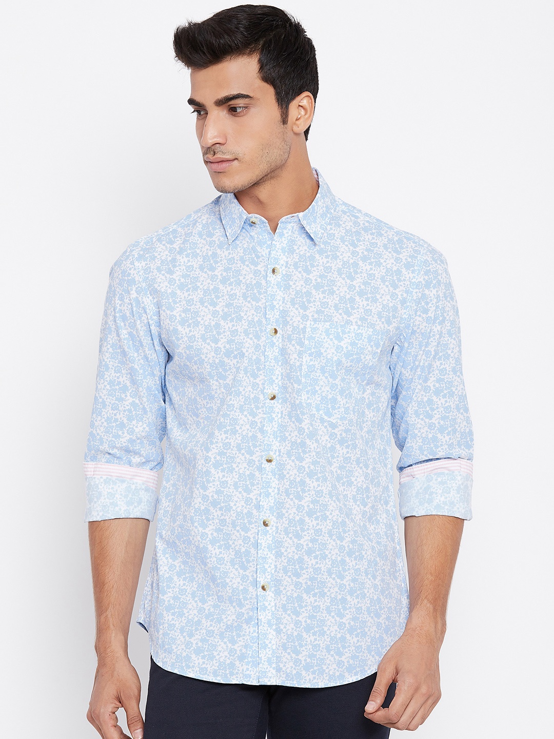 

John Players Men White & Blue Trim Fit Printed Casual Shirt