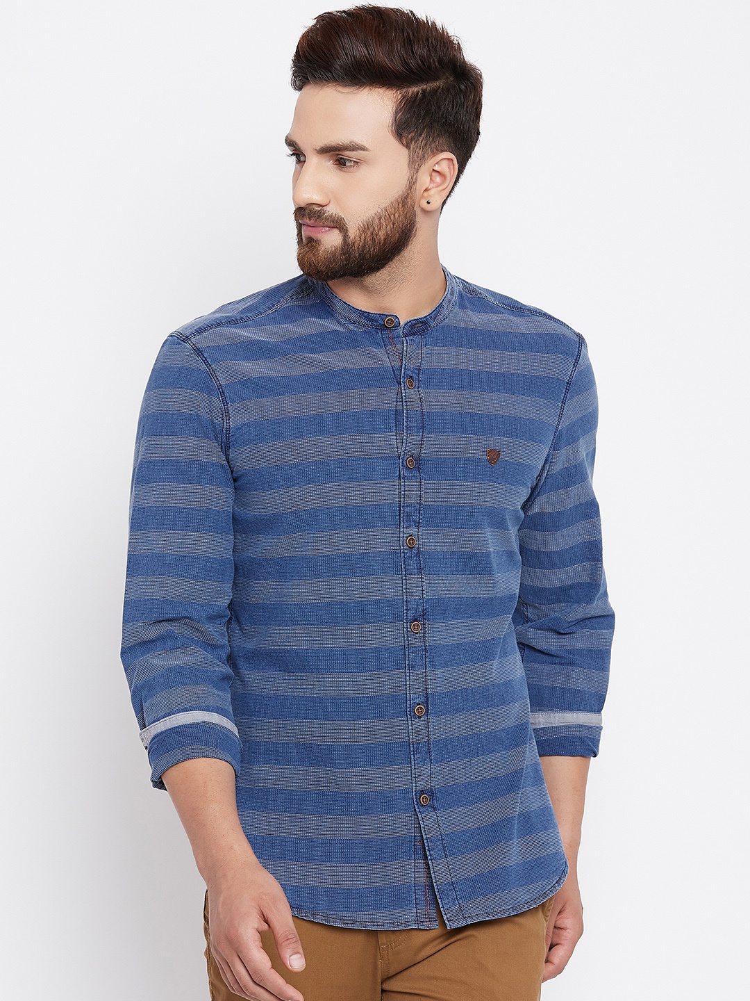 

John Players Men Blue Trim Fit Striped Casual Shirt