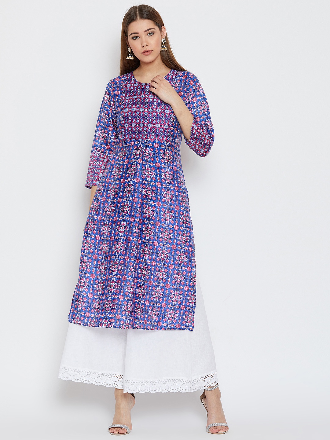 

One of a Kind Women Blue & Pink Printed Straight Kurta