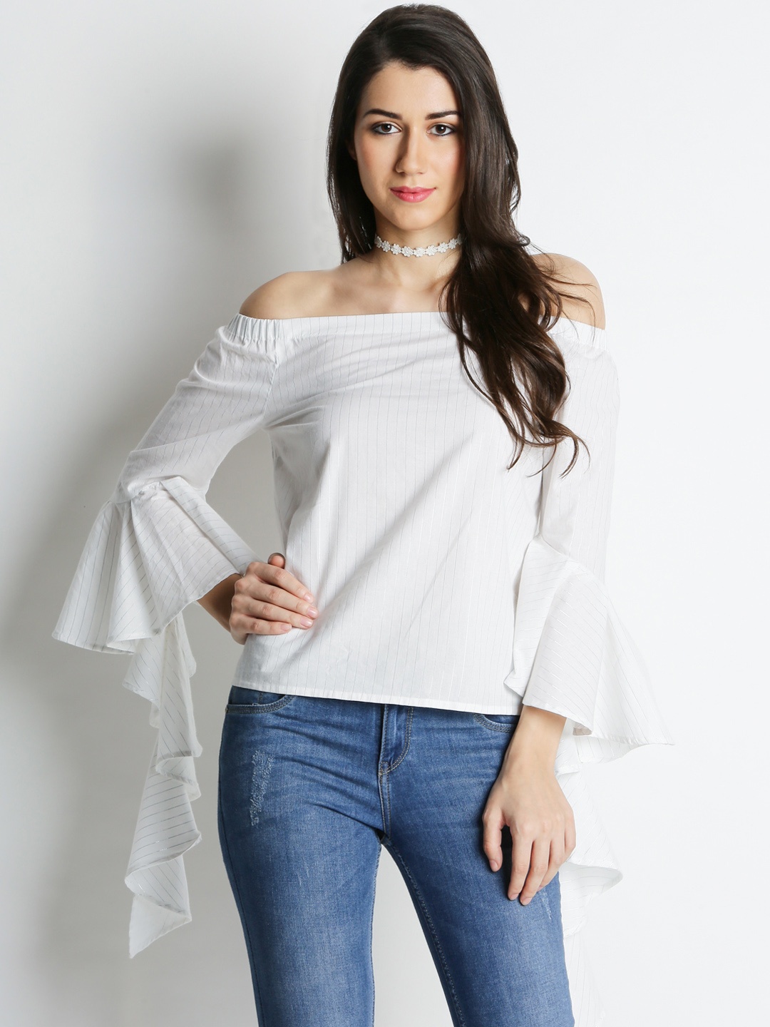 

AKKRITI BY PANTALOONS Women Off-White Solid Bardot Pure Cotton Top