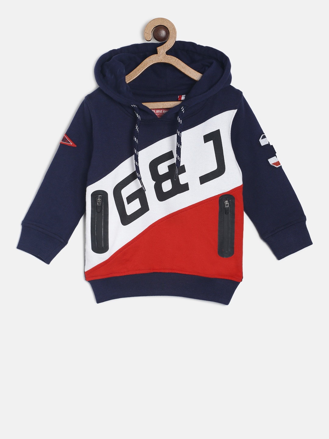 

Gini and Jony Boys Navy Blue & White Colourblocked Hooded Sweatshirt