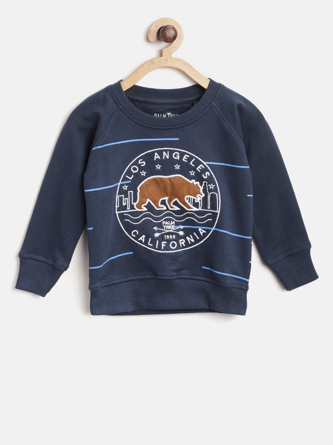 

Palm Tree Boys Navy Blue Embroidered Sweatshirt with Striped Detail