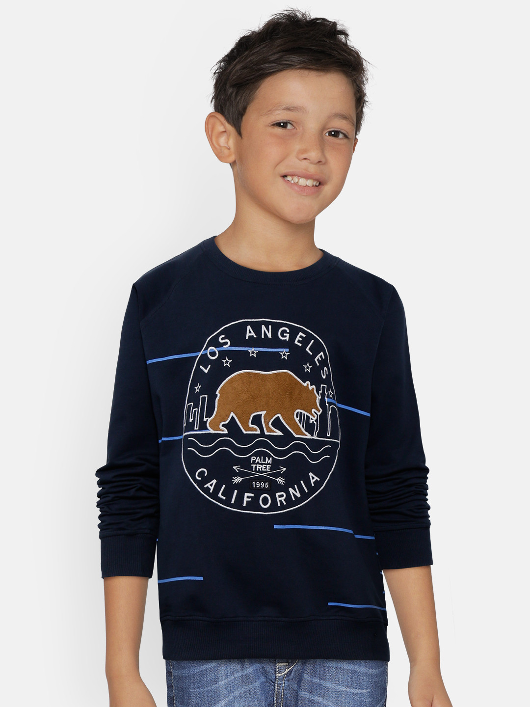 

Palm Tree Boys Navy Blue Embroidered Sweatshirt with Striped Detail