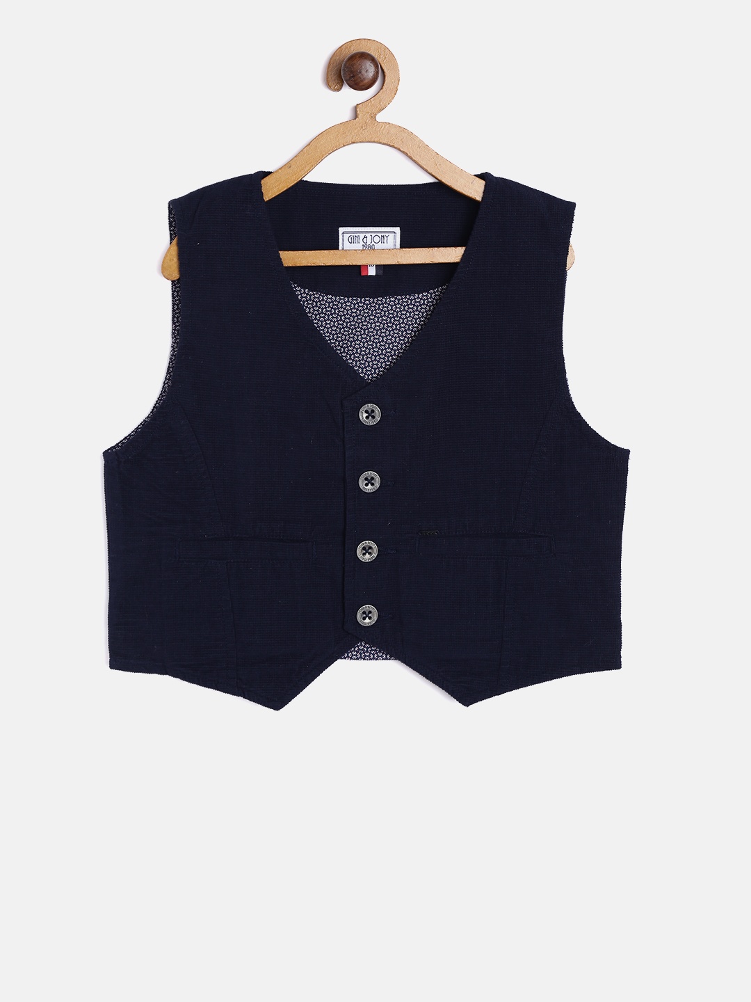 

Gini and Jony Boys Navy Solid Pure Cotton Waistcoat, Navy blue