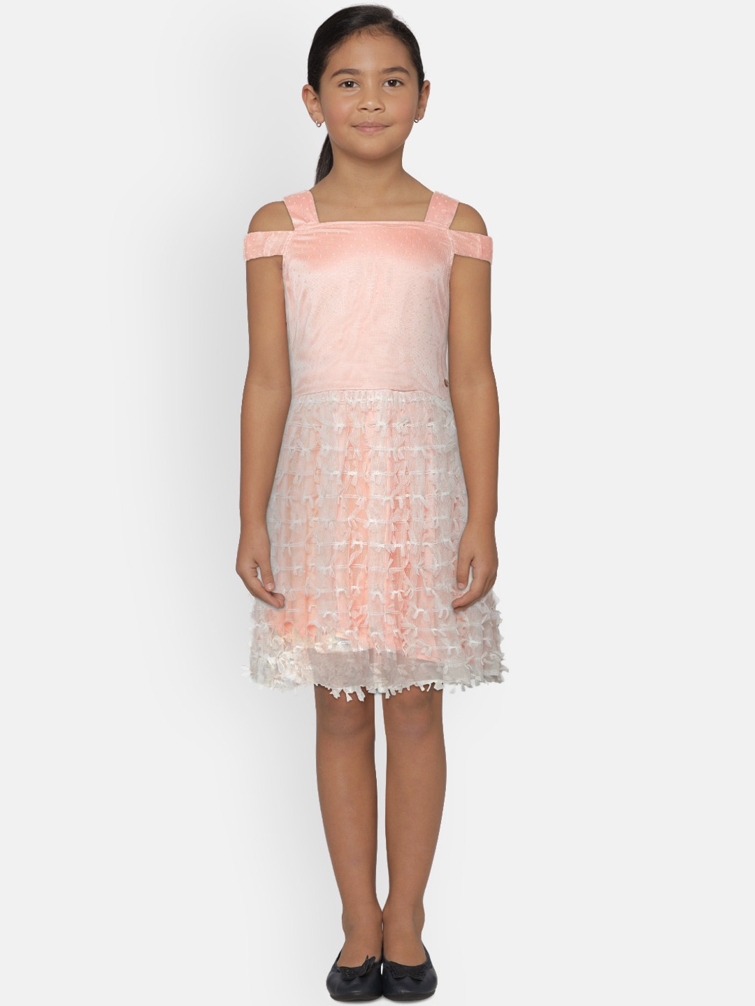 

Gini and Jony Girls Peach-Coloured & White Self-Design Fit and Flare Dress