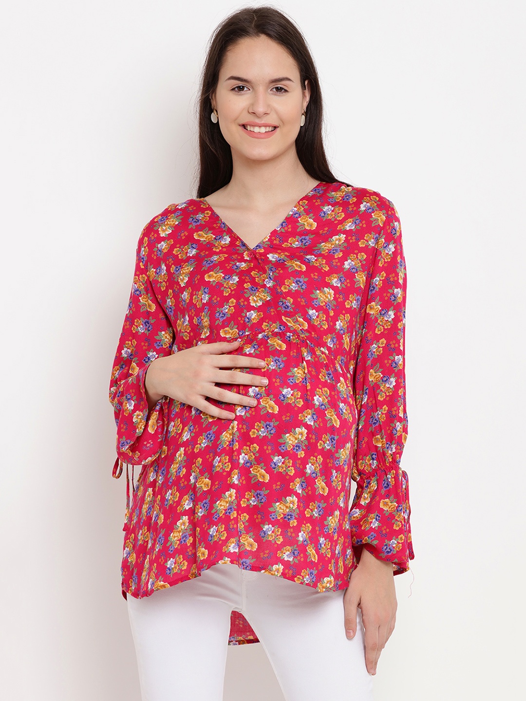 

Mine4Nine Women Red Floral Print High-Low Maternity Top