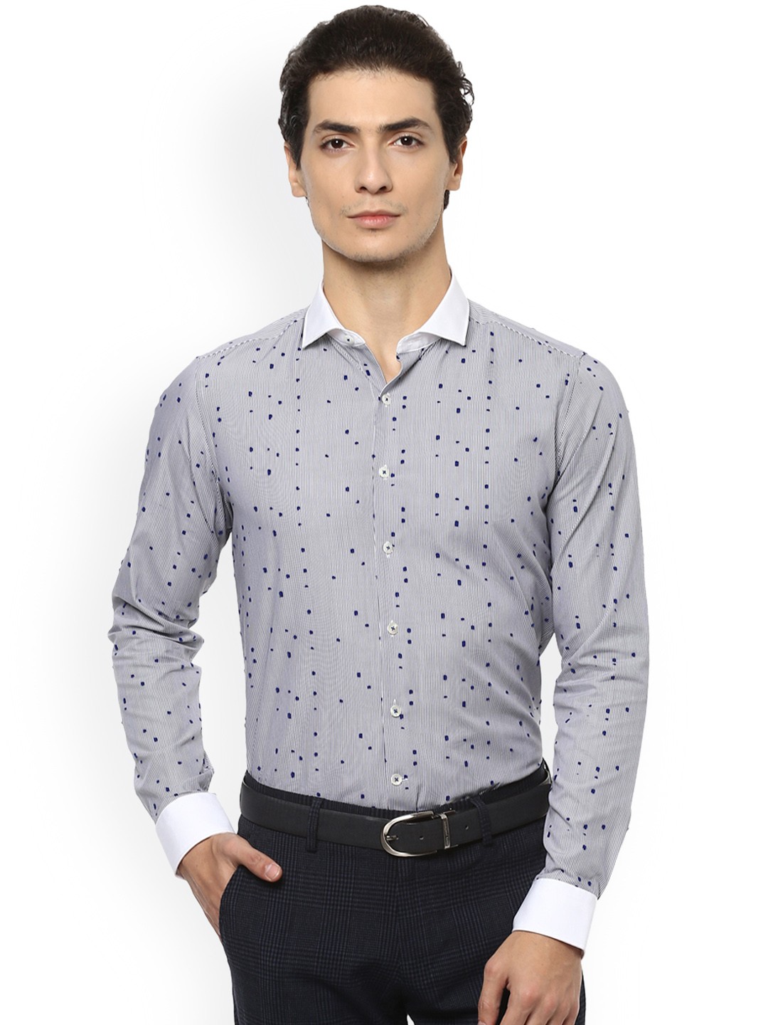 

SIMON CARTER LONDON Men Grey & White Slim Fit Striped Party Shirt