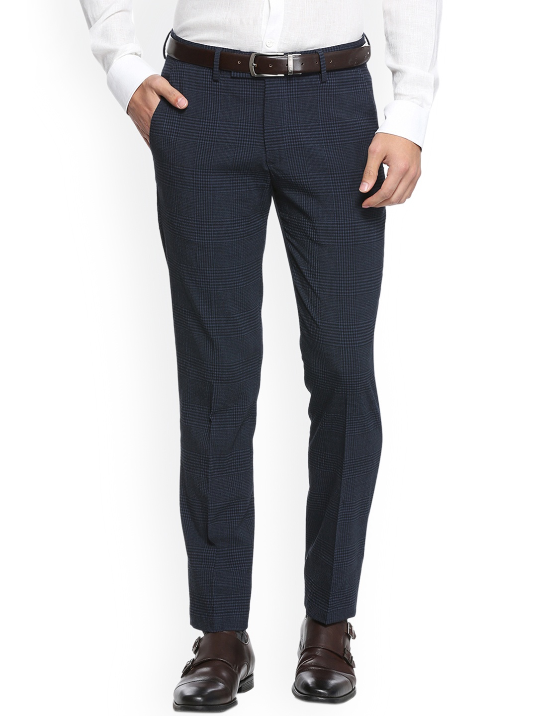 

SIMON CARTER LONDON Men Navy Blue Slim Fit Checked Formal Trousers