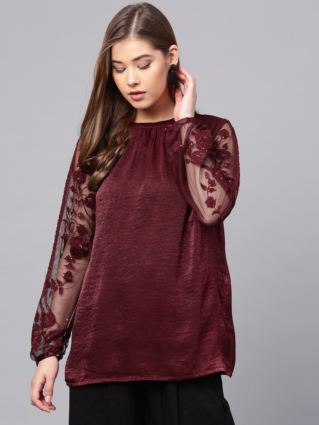 

W Women Maroon Solid Lace Detail A-Line Top