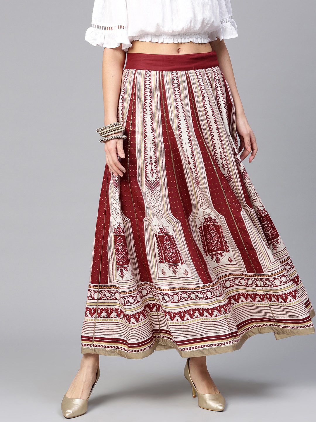 

W Women Maroon & White Printed Gathered Maxi Skirt