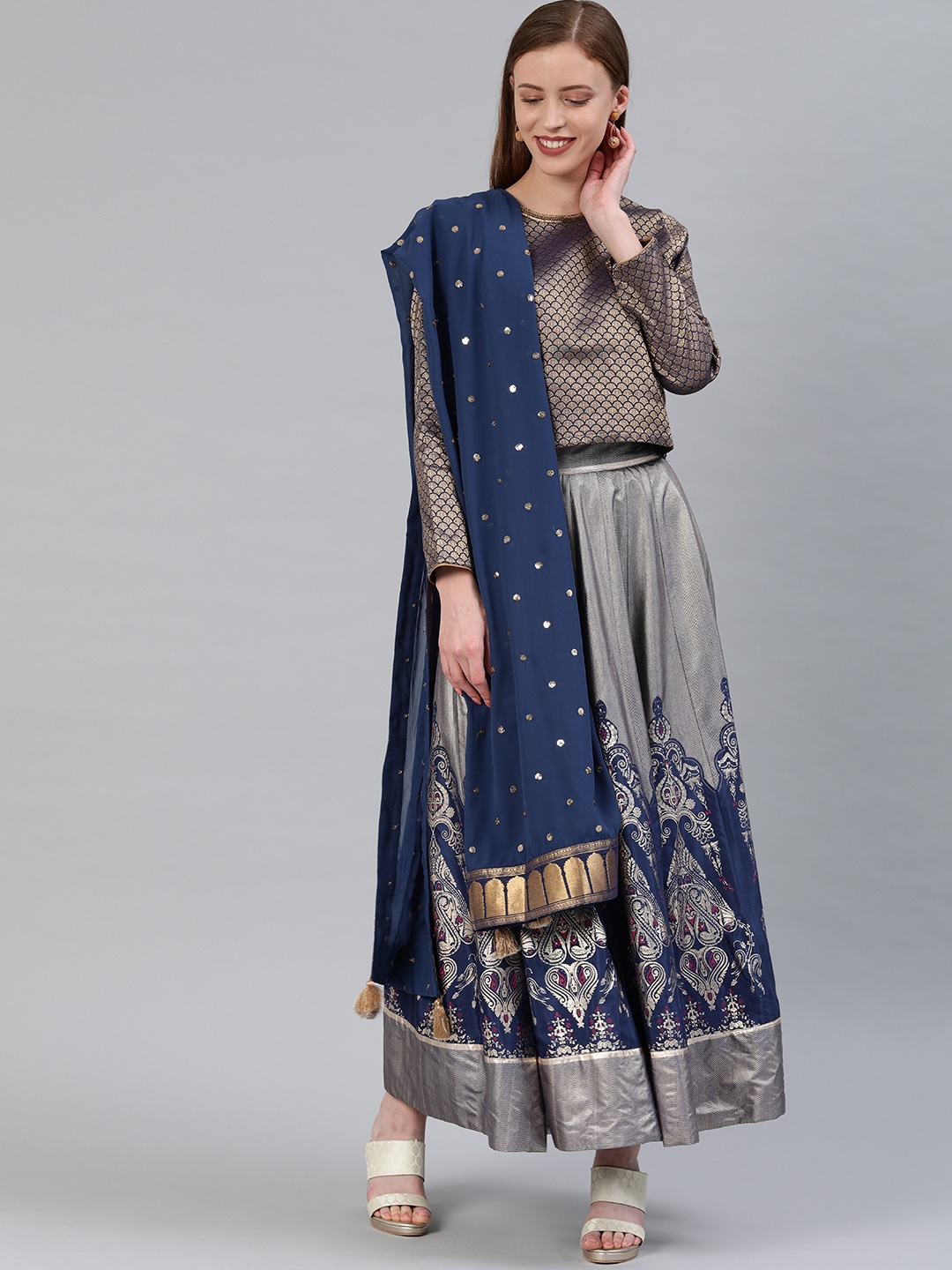 

WISHFUL by W Navy Blue & Gold-Toned Woven Design Ready to Wear Lehenga & Blouse with Dupatta