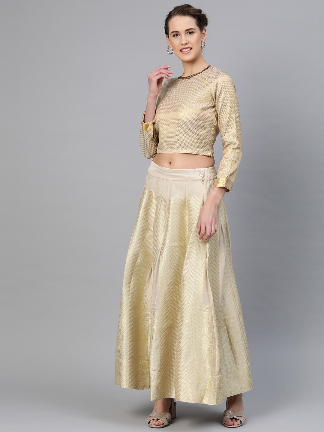 

WISHFUL Beige & Gold-Toned Embellished Ready to Wear Lehenga &