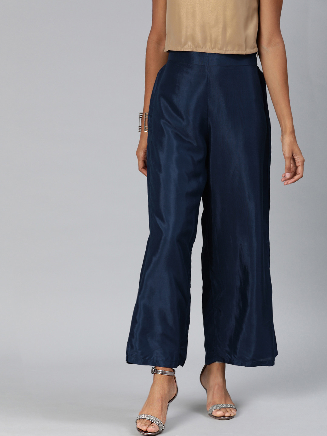 

WISHFUL by W Women Navy Blue Solid Wide Leg Palazzos