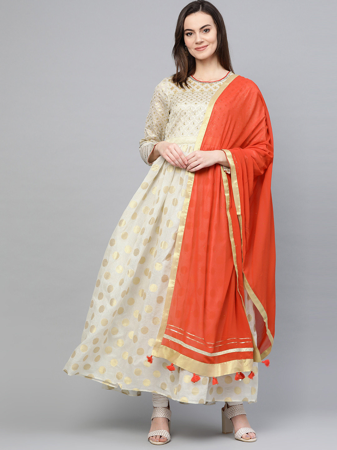 

WISHFUL by W Women Off-White & Orange Self Design Kurta with Leggings & Dupatta