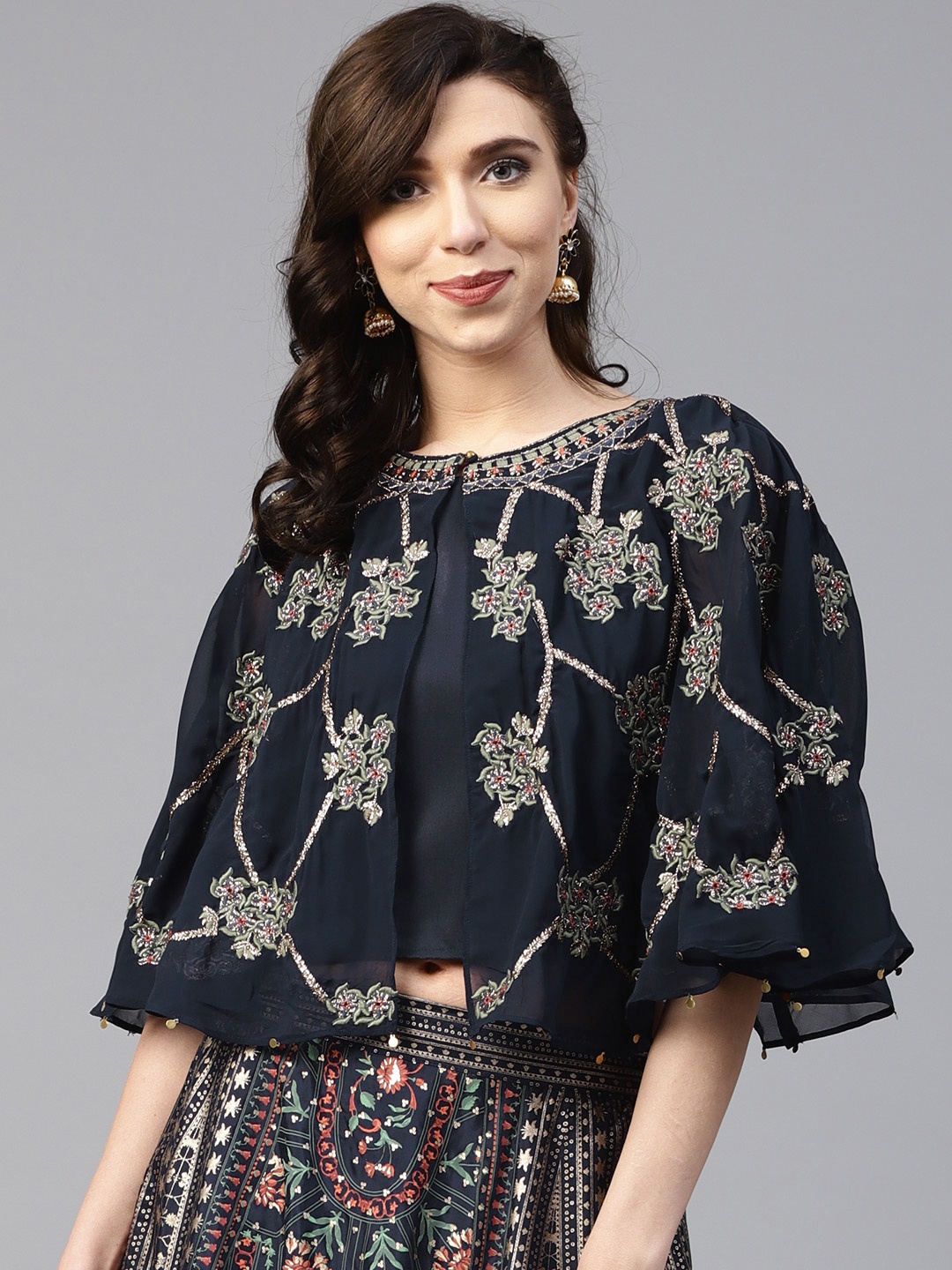 

W Women Navy Blue & Gold Top With Skirt