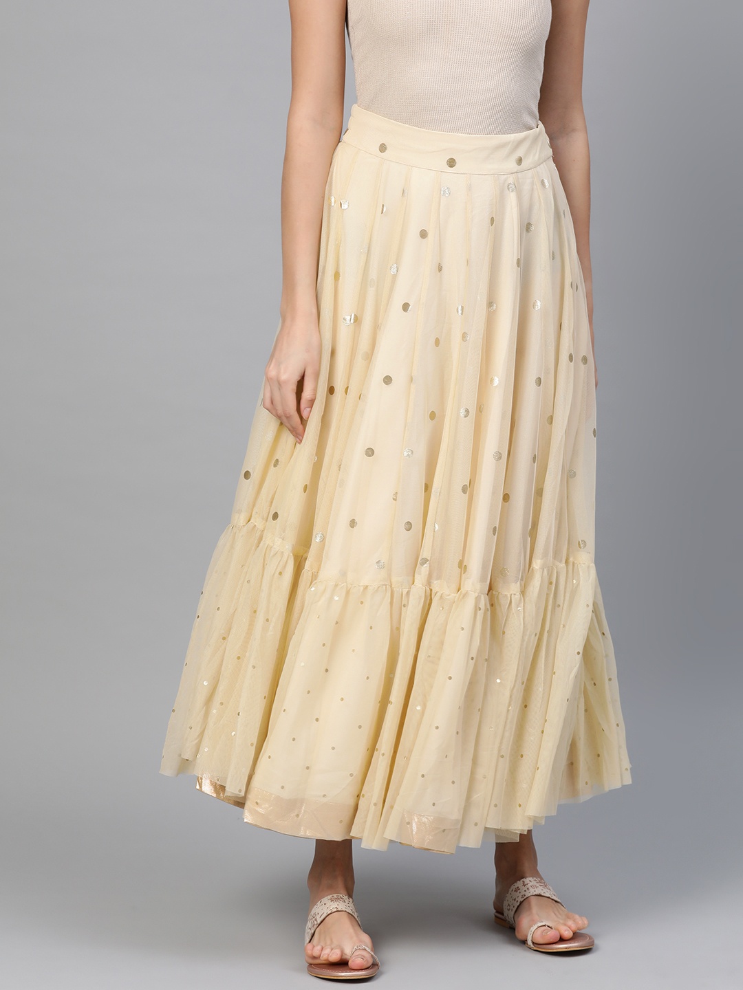 WISHFUL by W Women Cream-Coloured & Golden Printed Net Flared Maxi Skirt