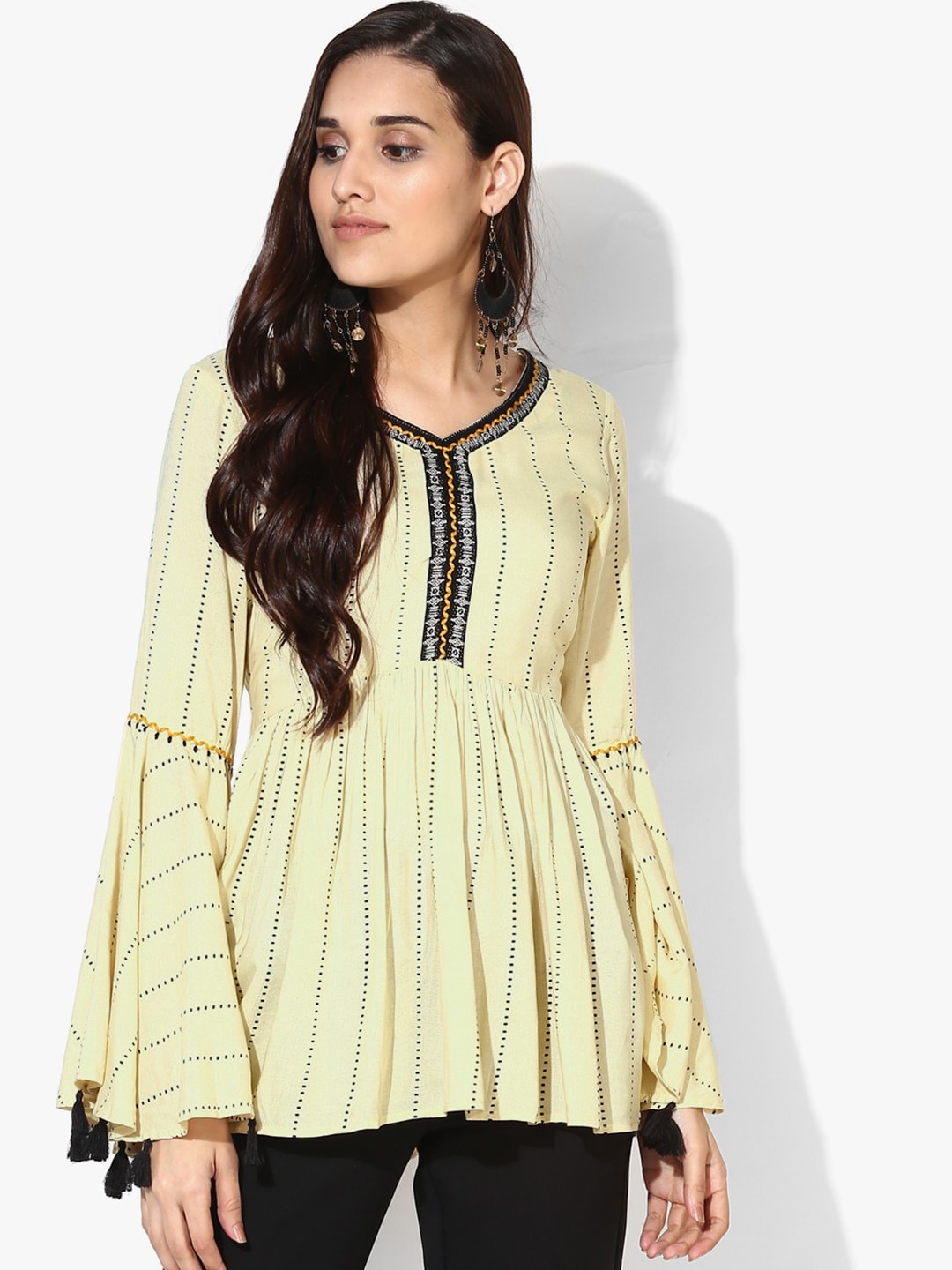 

W Women Beige & Black Striped A-Line Top