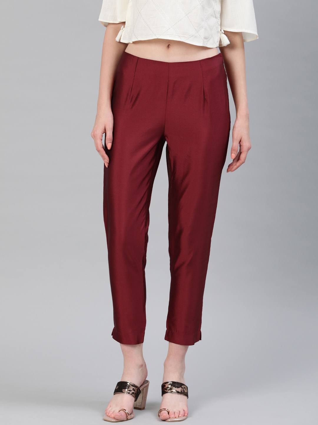 

WISHFUL by W Women Maroon Regular Fit Solid Cropped Regular Trousers