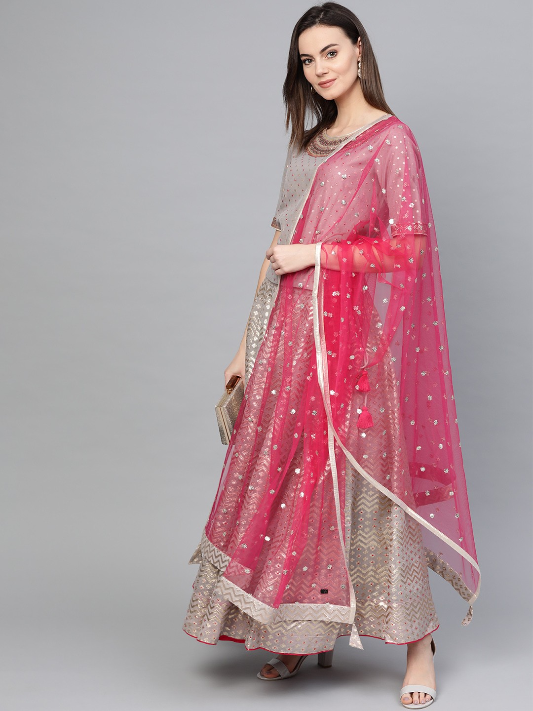 

WISHFUL by W Grey & Pink Woven Design Ready to Wear Lehenga & Blouse with Dupatta