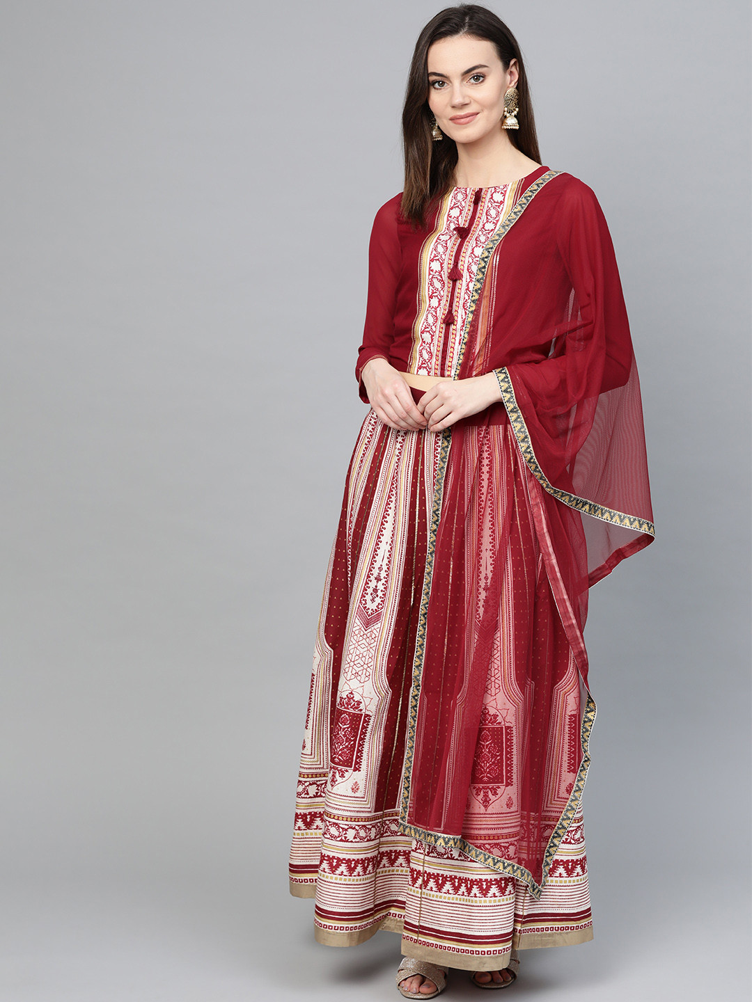 

W Maroon & Beige Printed Ready to Wear Lehenga & Blouse with Dupatta