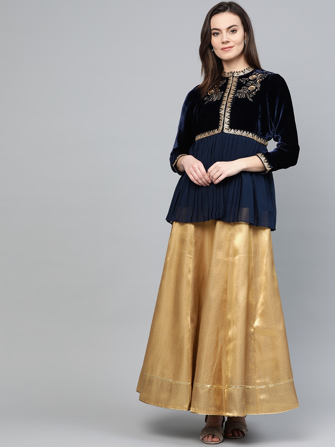 

Wishful by W Women Navy Blue & Golden Solid Top with Skirt & Jacket
