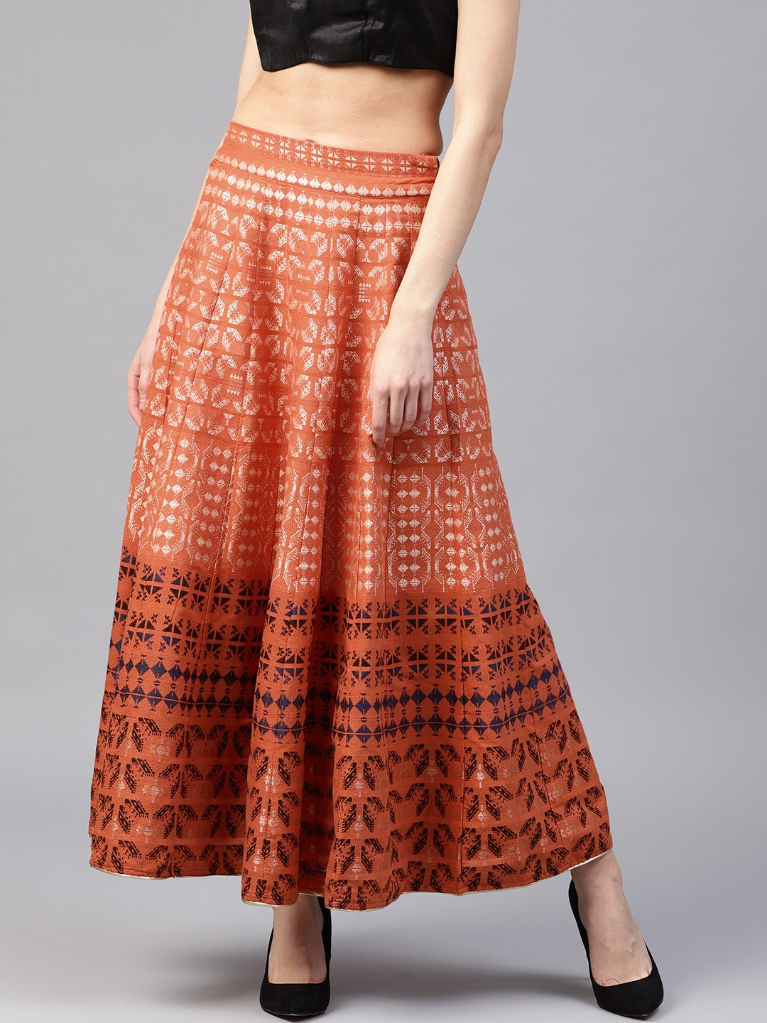 

W Women Orange & Beige Self Design Maxi Flared Skirt