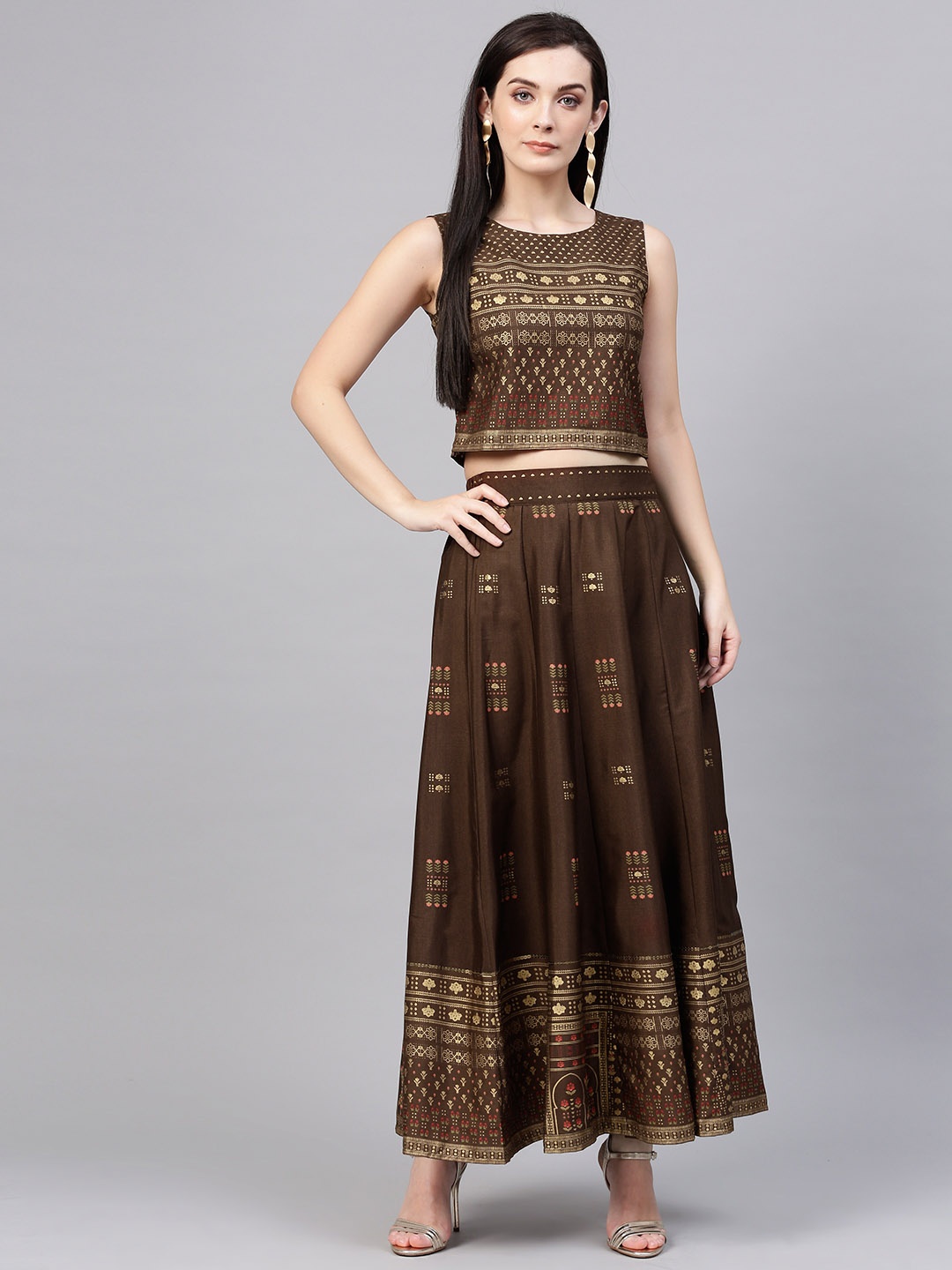 

W Women Brown & Golden Printed Crop Top with Skirt & Ethnic Jacket