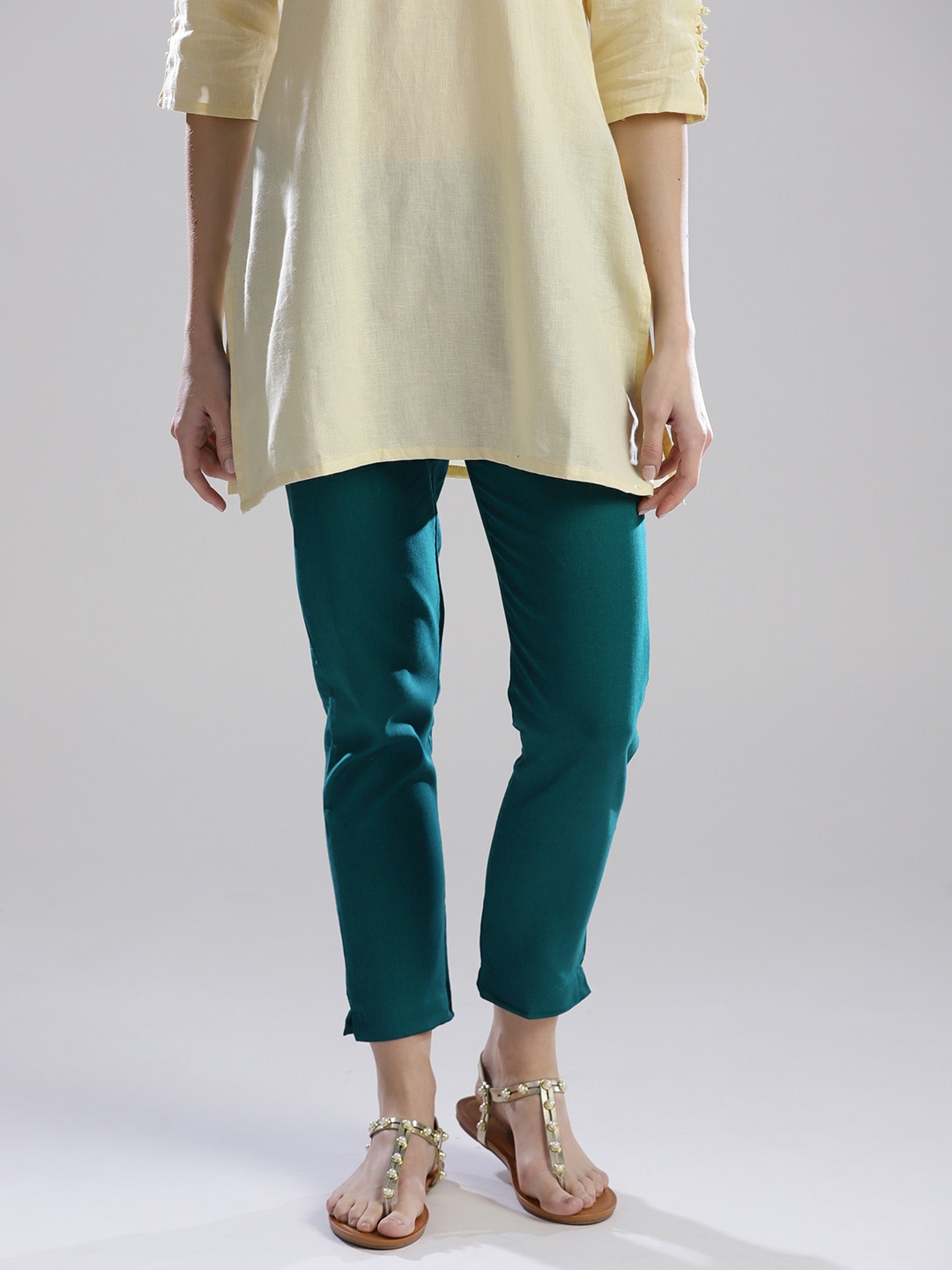 

W Women Teal Green Regular Fit Solid Regular Trousers