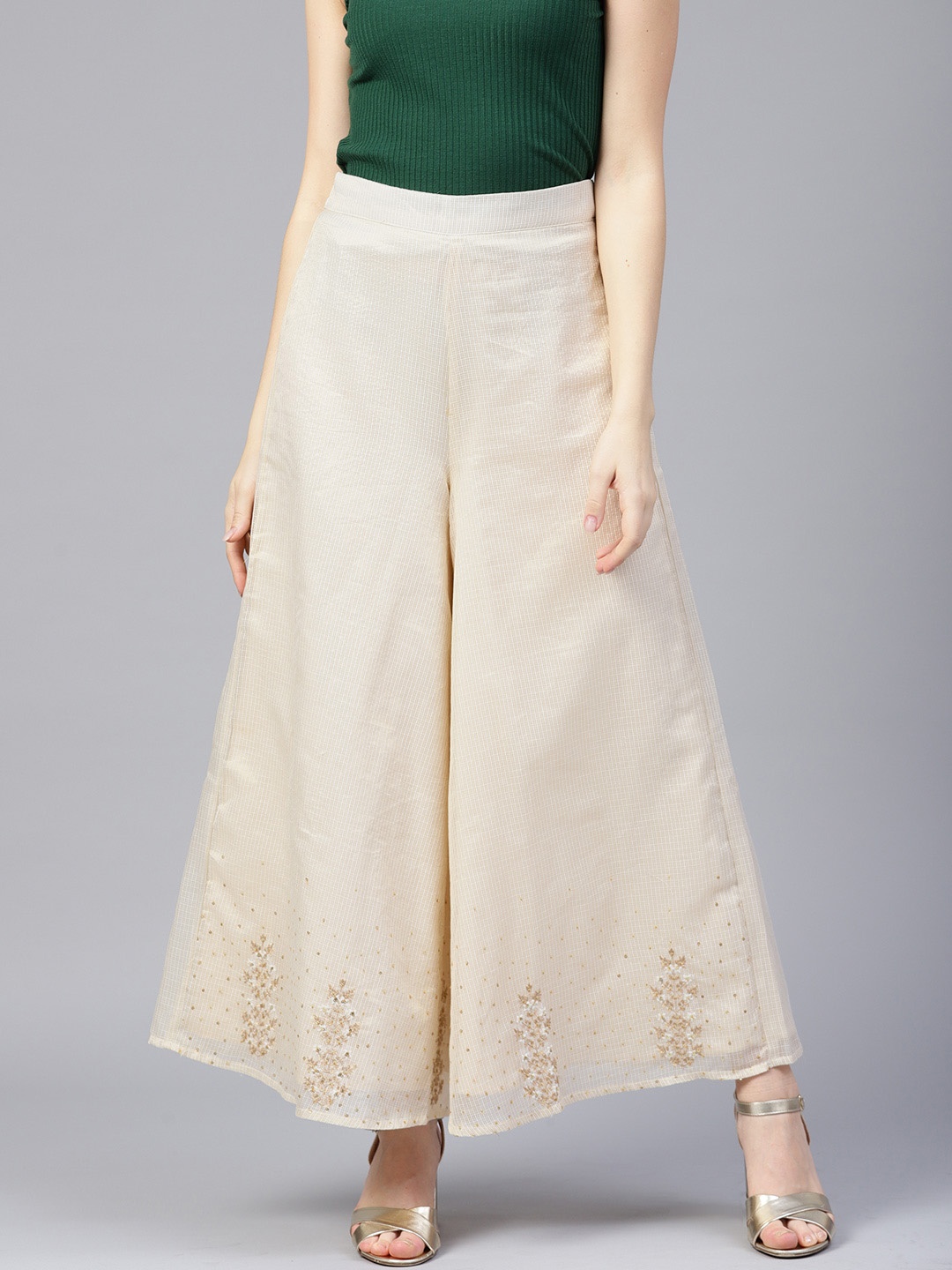 

W Women Off-White & Golden Striped Wide Leg Palazzos