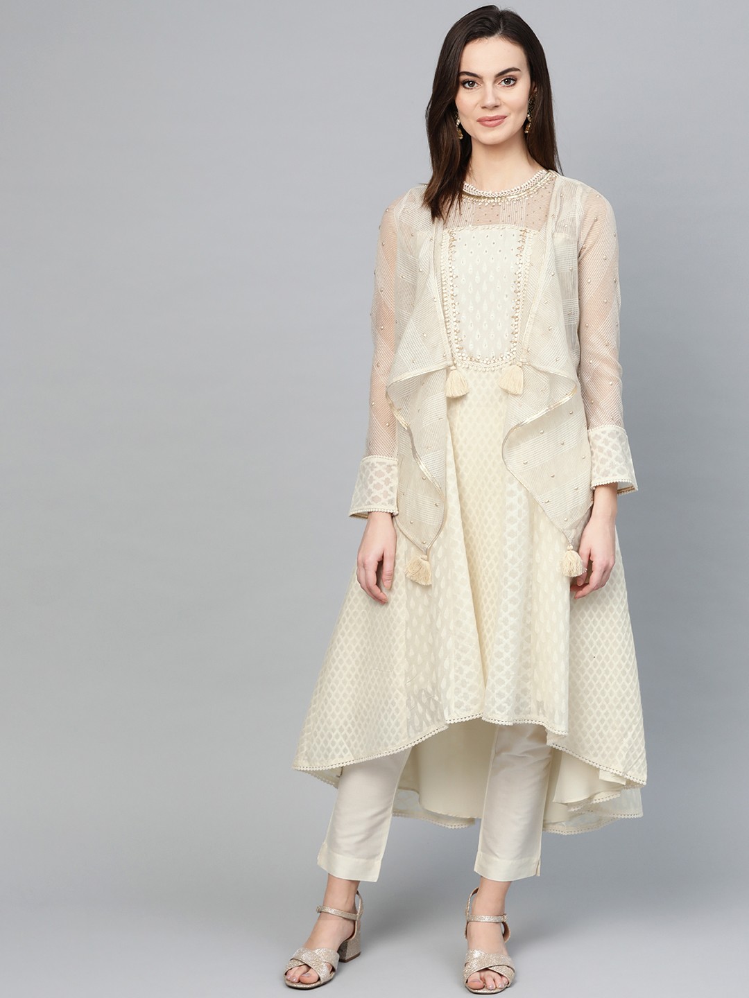 

WISHFUL by W Women Off-White & Golden Woven Design Layered Kurta with Trousers