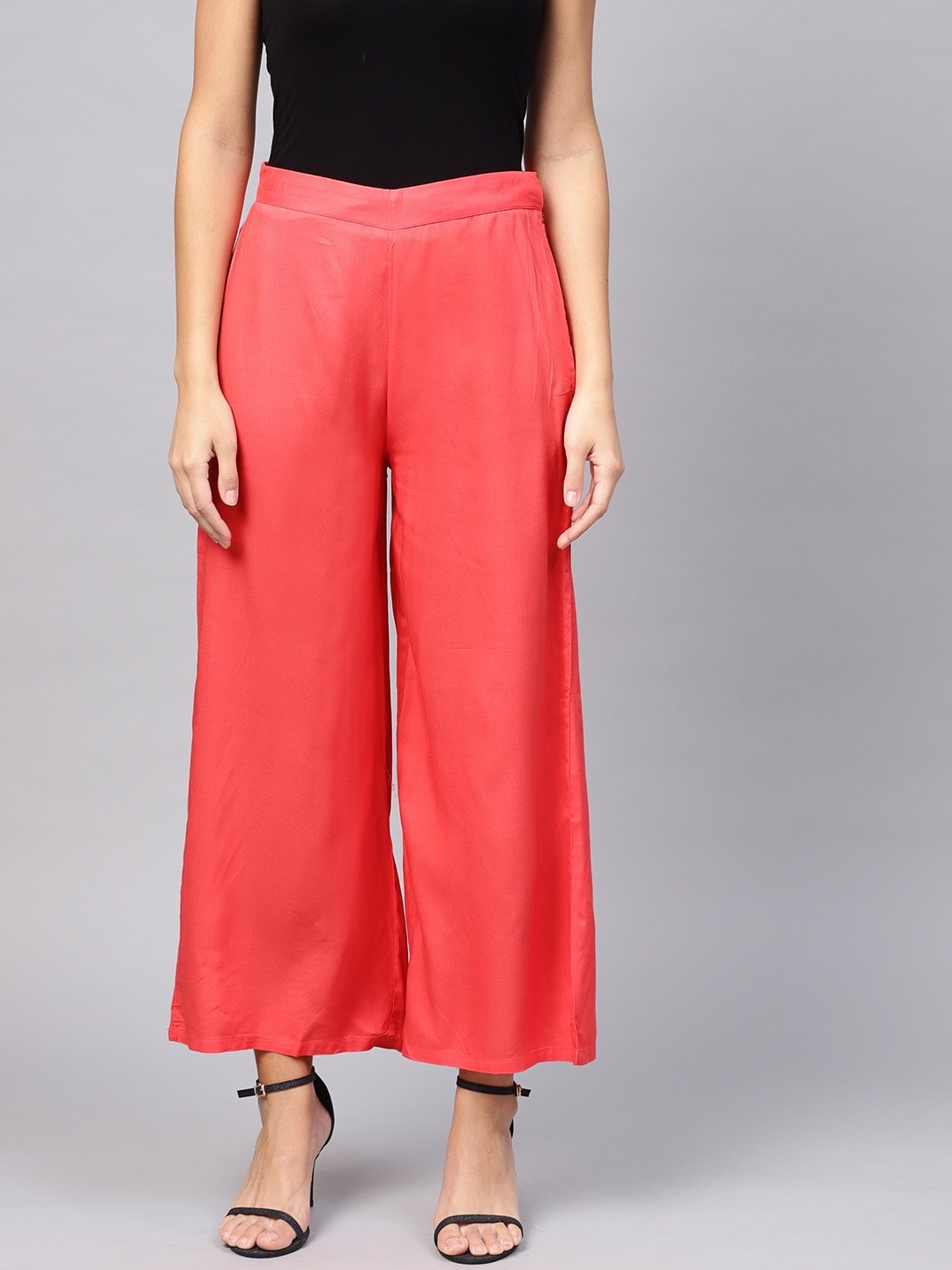 

W Women Coral Red Solid Straight Sustainable Palazzos
