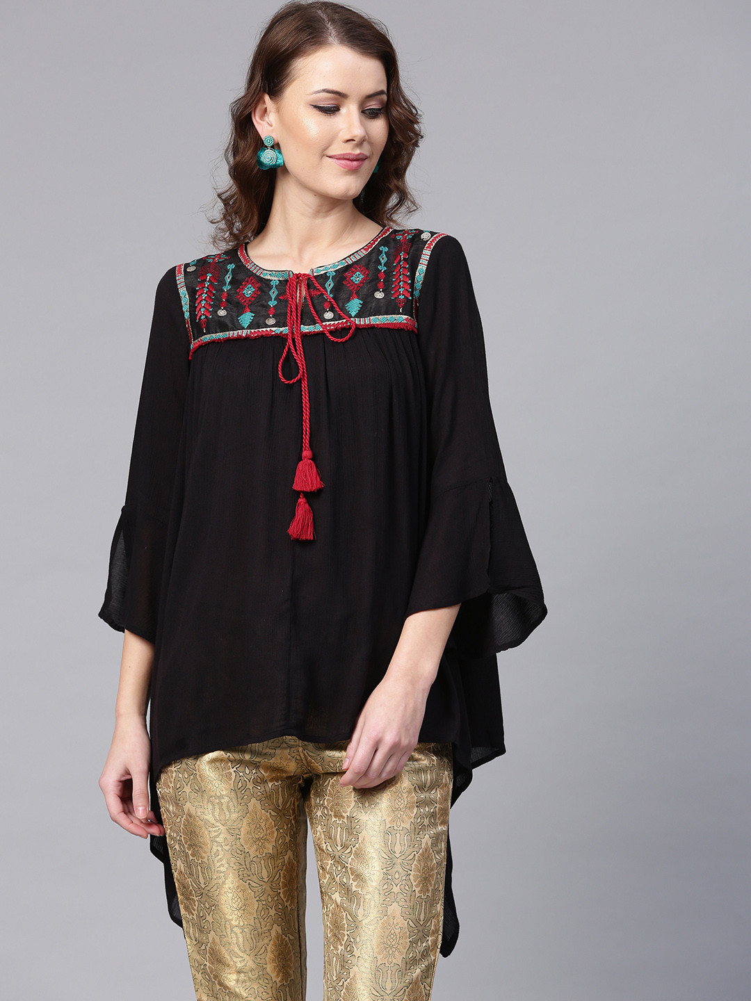 

W Women Black Solid A-Line Top with Embroidered Detail