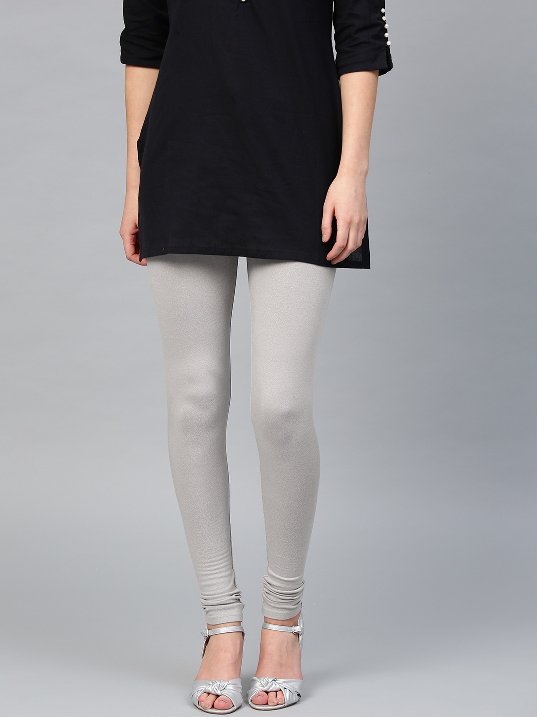 

W Women Grey Solid Shimmery Churidar Length Leggings