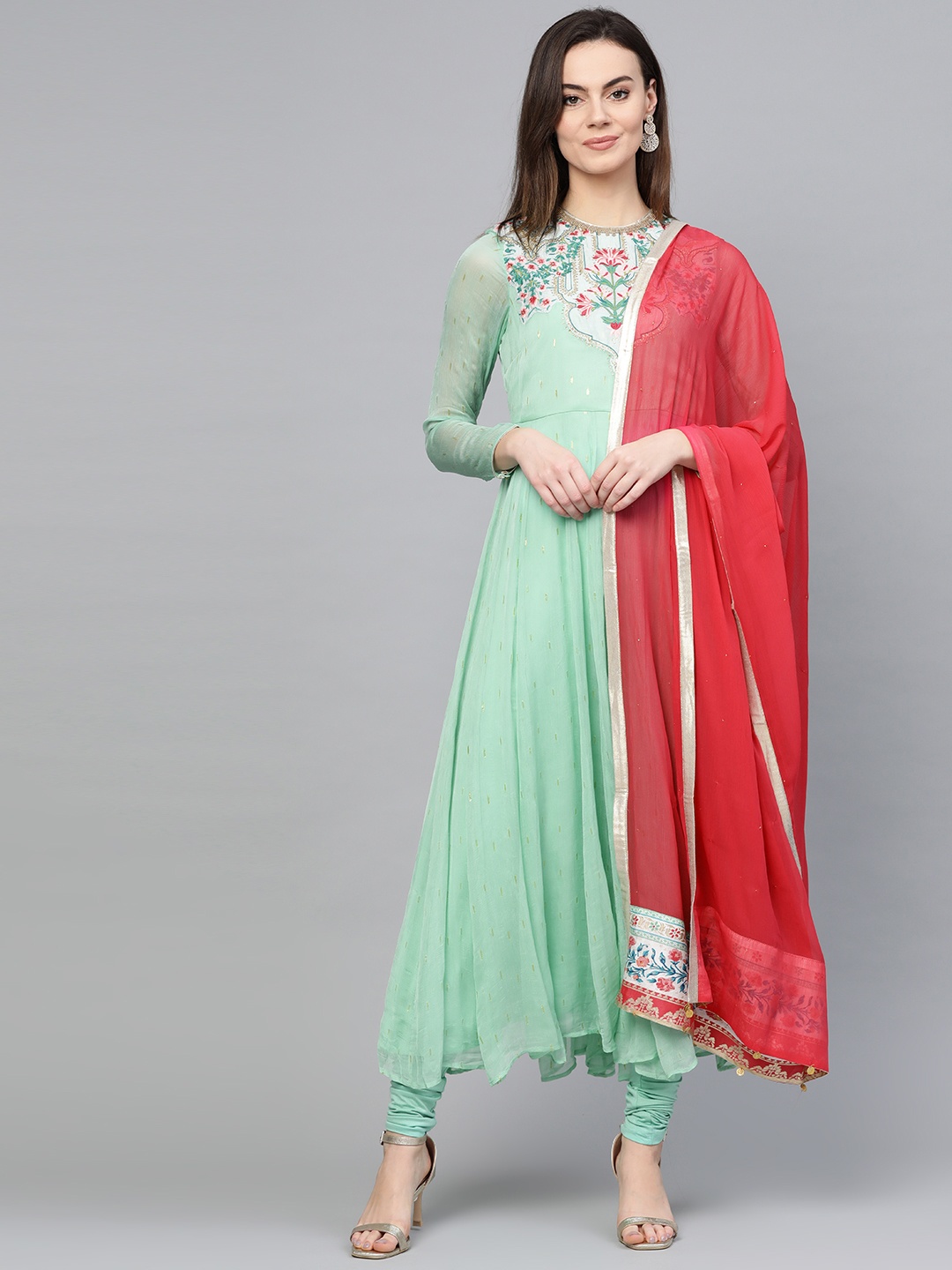 

Wishful by W Women Green & Pink Self Design Kurta with Leggings & Dupatta