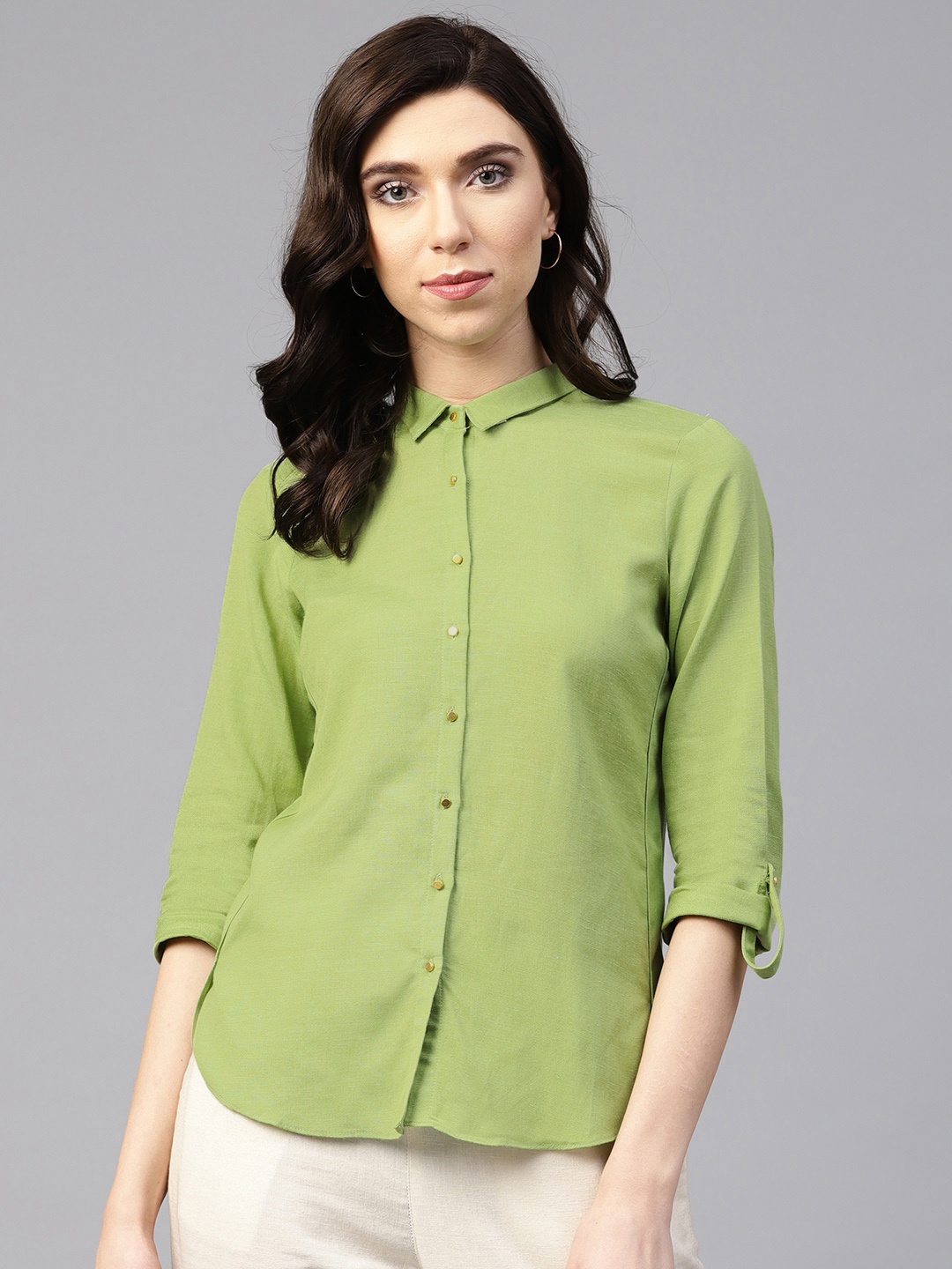 

W Women Green Regular Fit Solid Casual Shirt