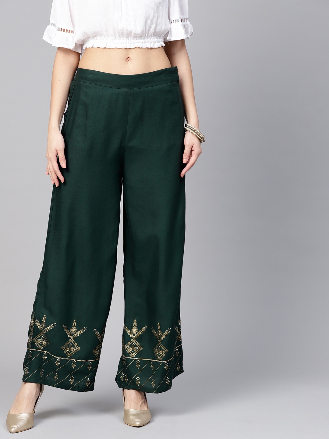 

W Women Green Hem Design Straight Palazzos