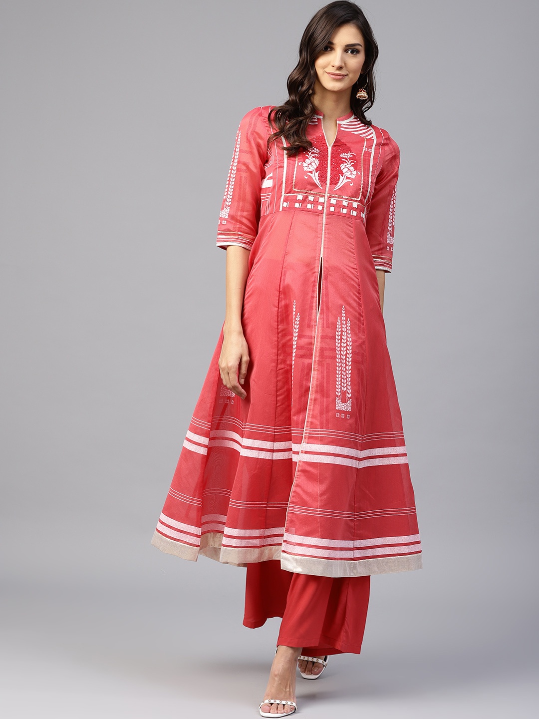 

W Women Coral Red Printed A-Line Kurta With Palazzos