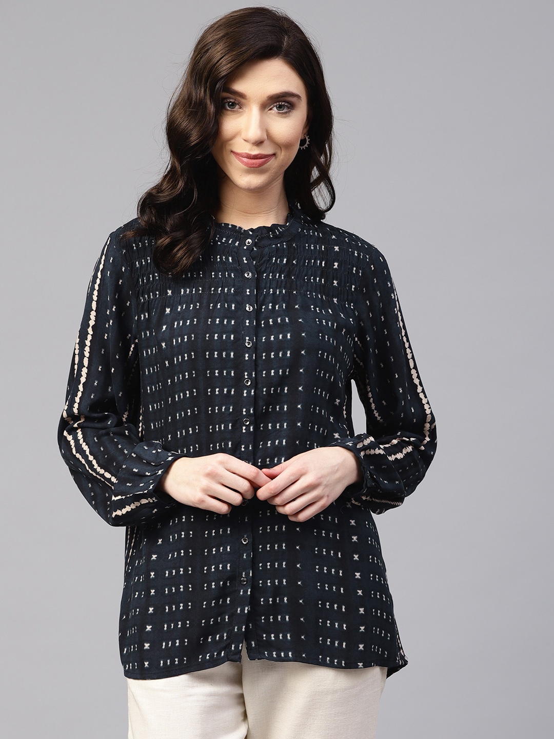 

W Women Navy Blue & Off-White Printed Shirt Style Top