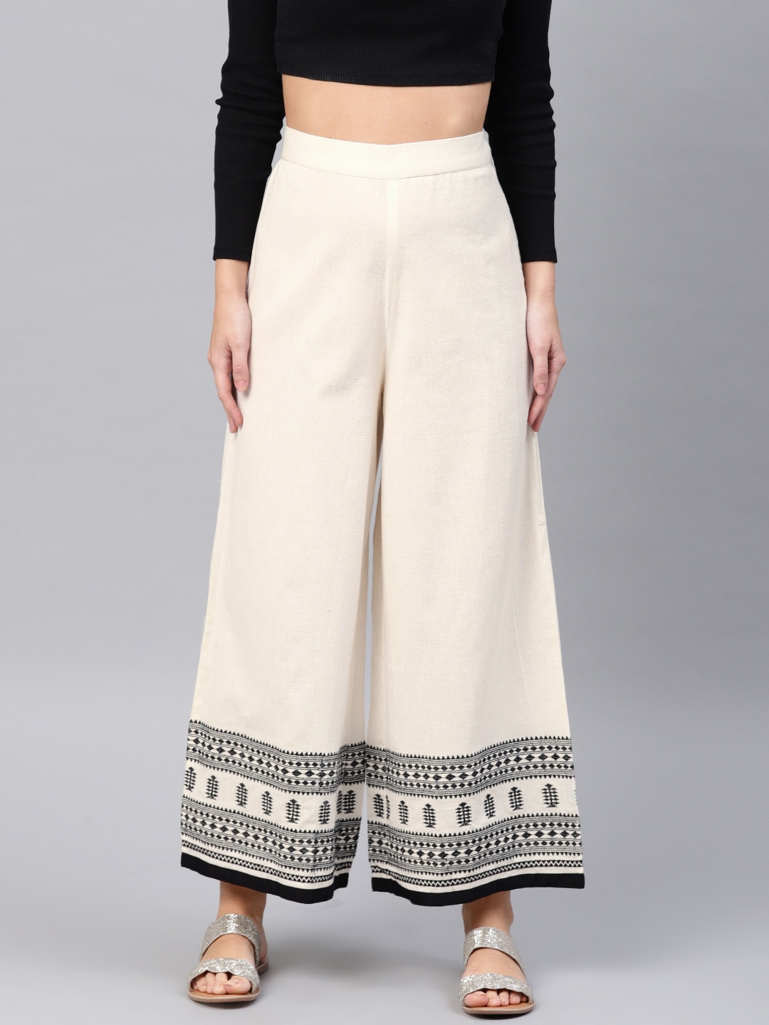 

W Women Off-White & Black Printed Straight Palazzos