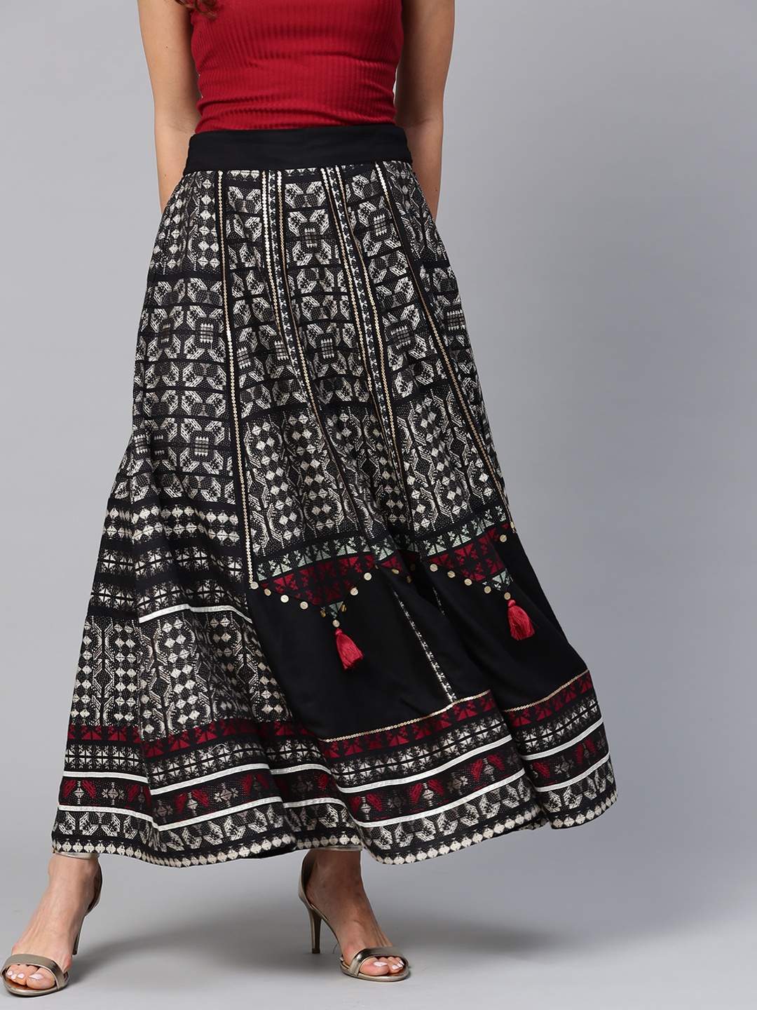 

W Black & Off-white Woven Design Maxi Skirt