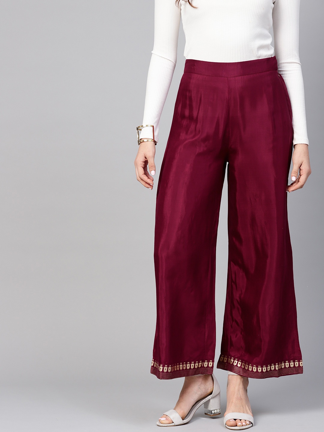 

W Women Burgundy Wide Leg Hem Design Palazzos
