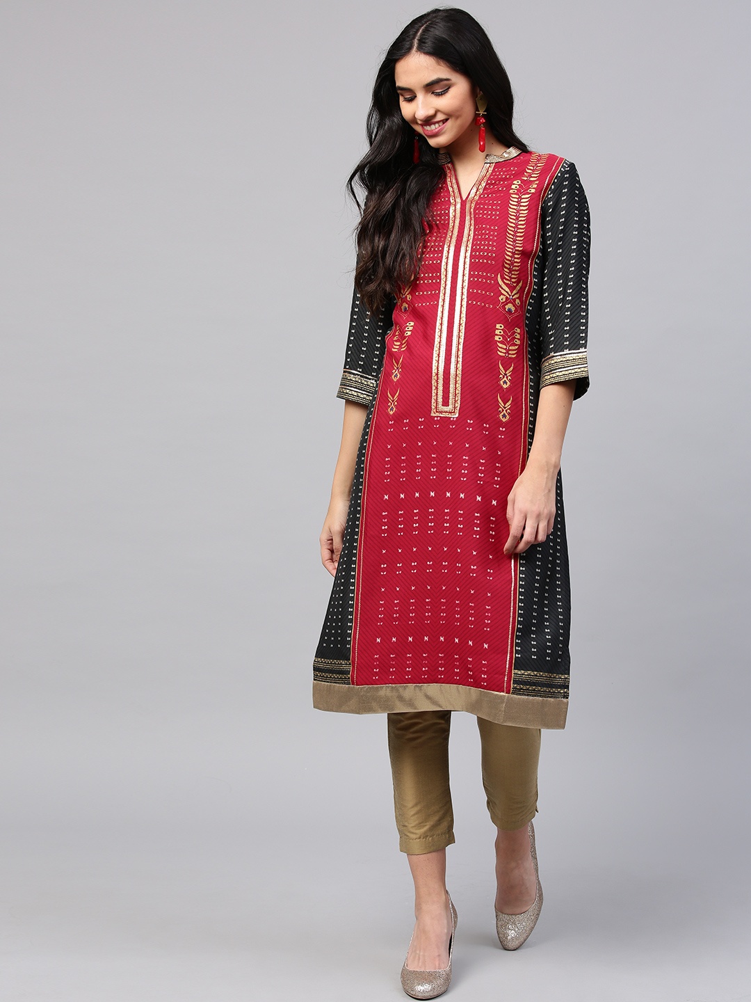

W Women Maroon & Charcoal Grey Printed Straight Kurta