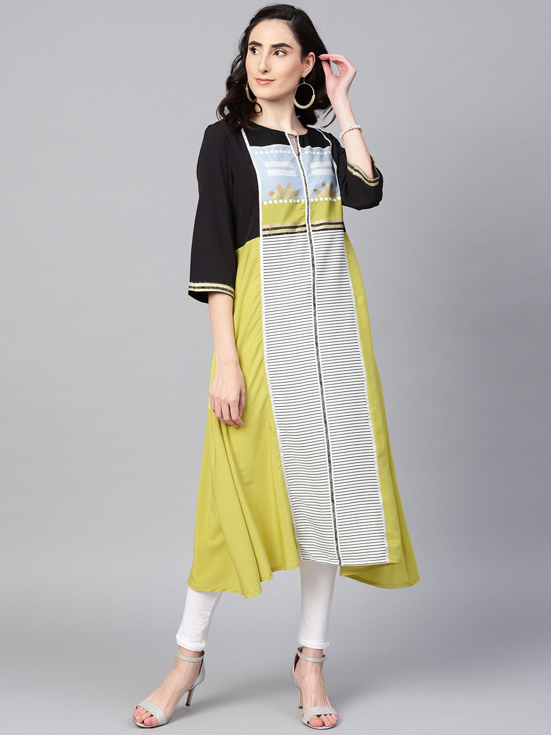

W Women Lime Green & Black Printed A-Line Kurta