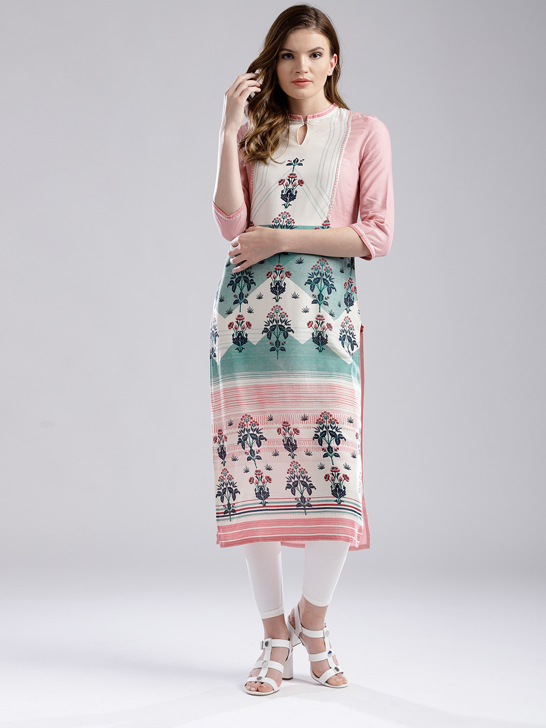 

W Women Pink & Off-White Printed Straight Kurta