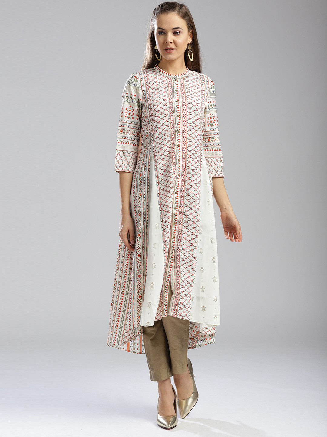 

W Women White & Green Printed A-Line Kurta
