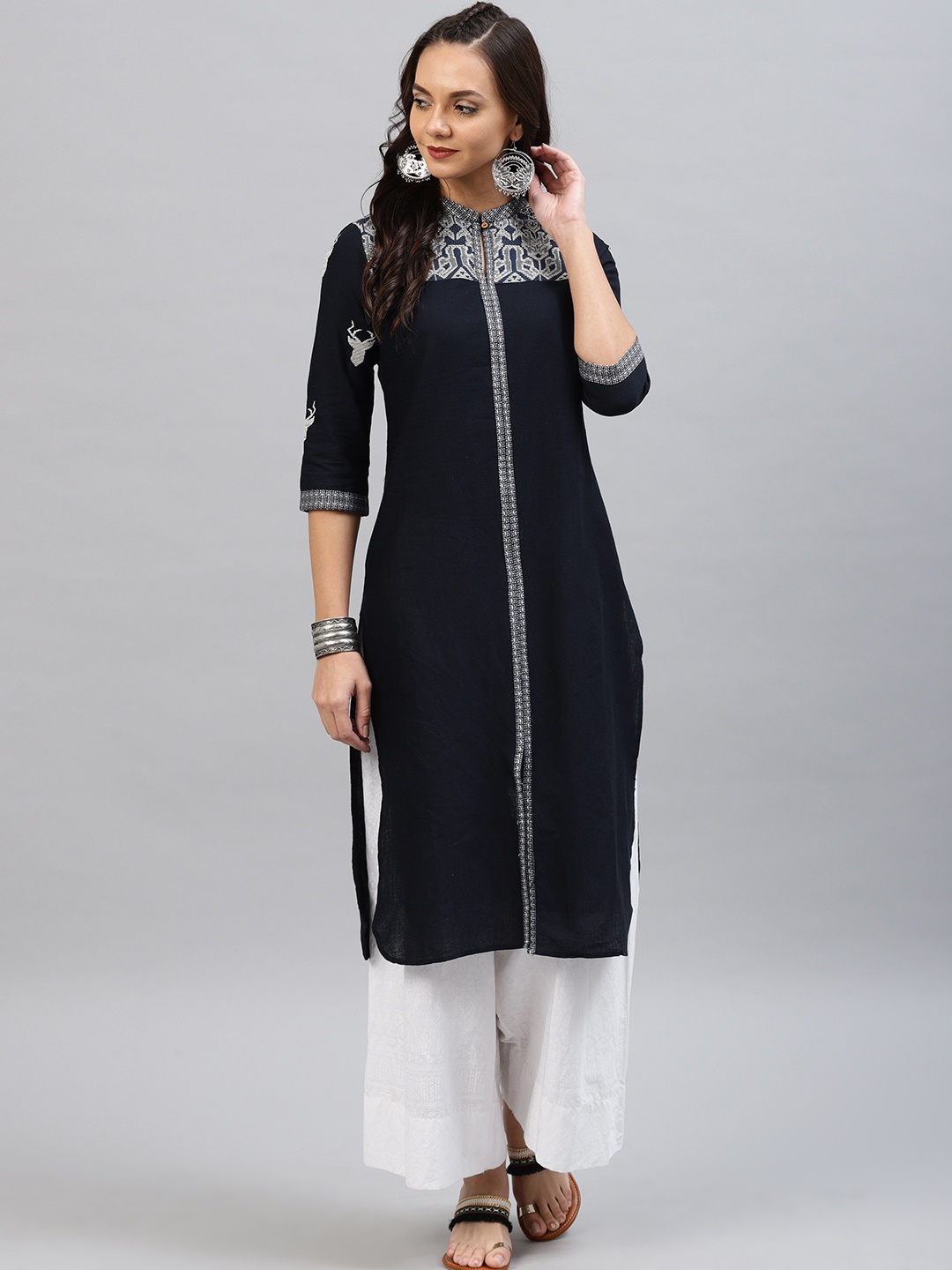 

W Women Navy Blue Yoke Design Straight Kurta