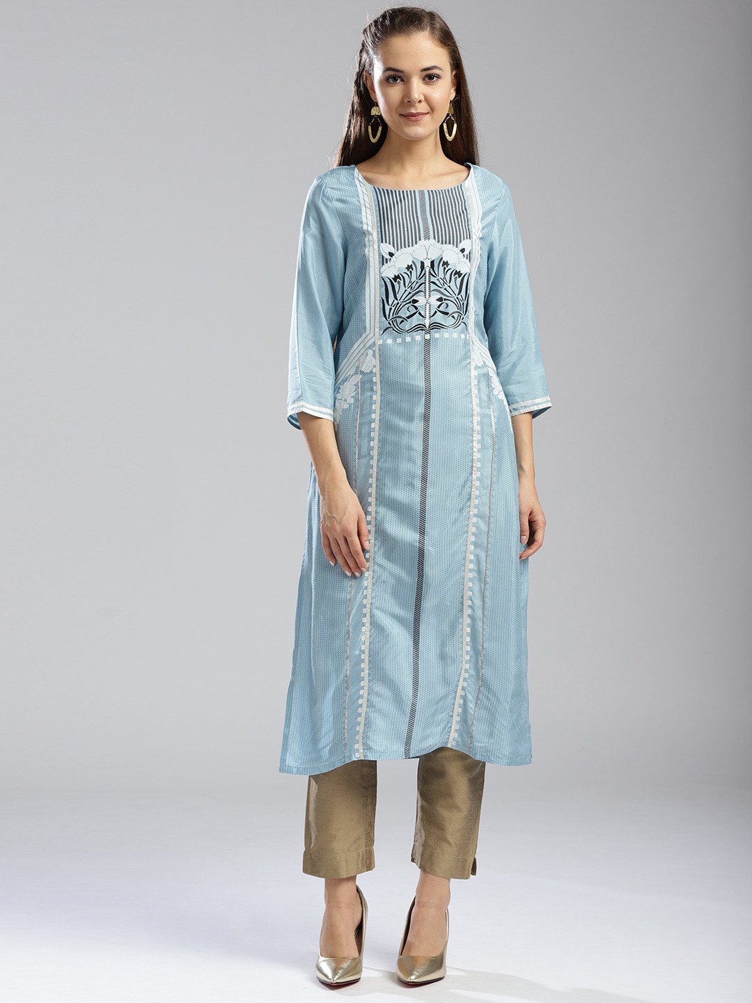 

W Women Blue & White Printed Straight Kurta